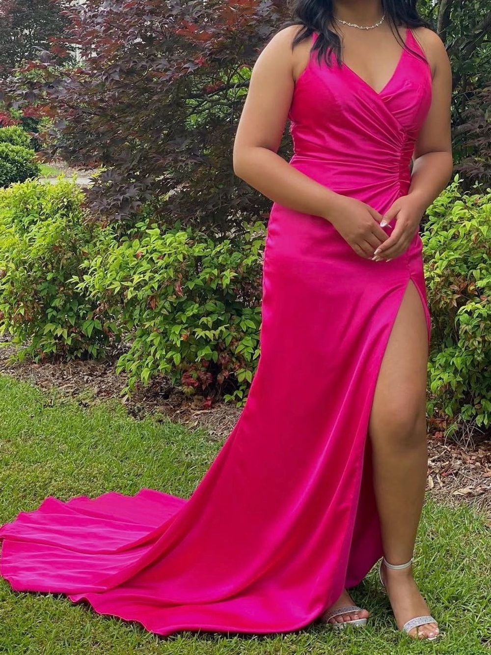 Fuchsia Satin V-Neck Ruched Slip Dress